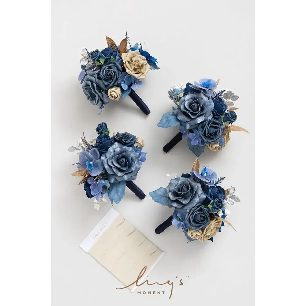 Ling's Moment Blue and Gold Bridesmaid Bouquet Set‎ of 4, Lilac Wedding Bouqu...